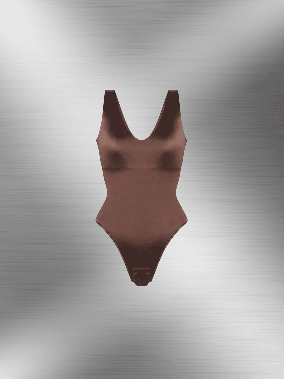 satin v-neck bodysuit in smooth brown pearl-satin lustre fabric with deep neckline and figure-skimming fit