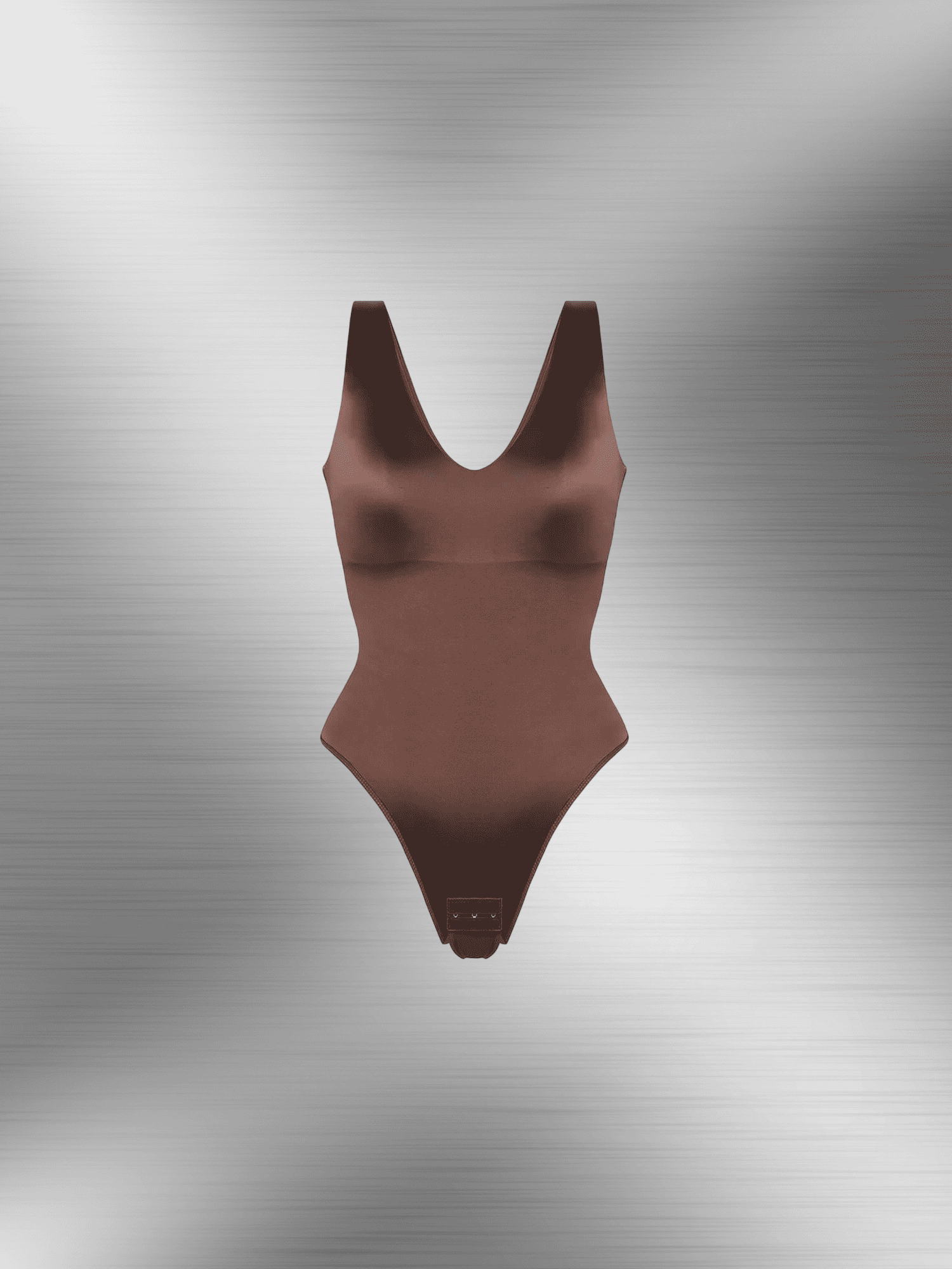 satin v-neck bodysuit in smooth brown pearl-satin lustre fabric with deep neckline and figure-skimming fit