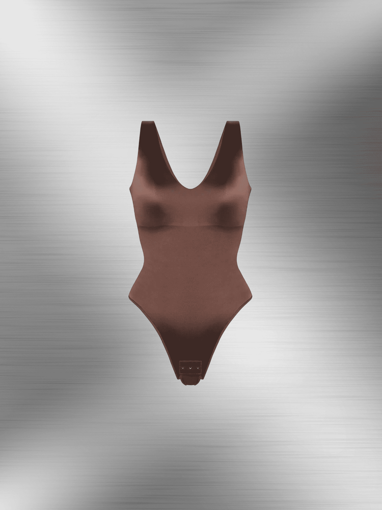 satin v-neck bodysuit in smooth brown pearl-satin lustre fabric with deep neckline and figure-skimming fit