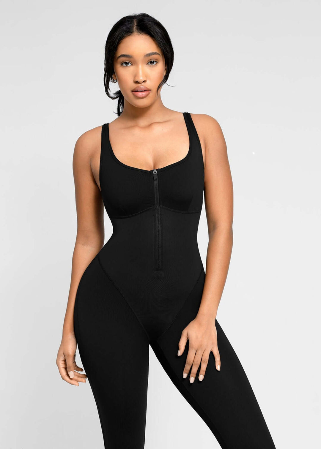 sauna workout jumpsuit for women, black slim-fit fitness bodysuit with zipper front and support