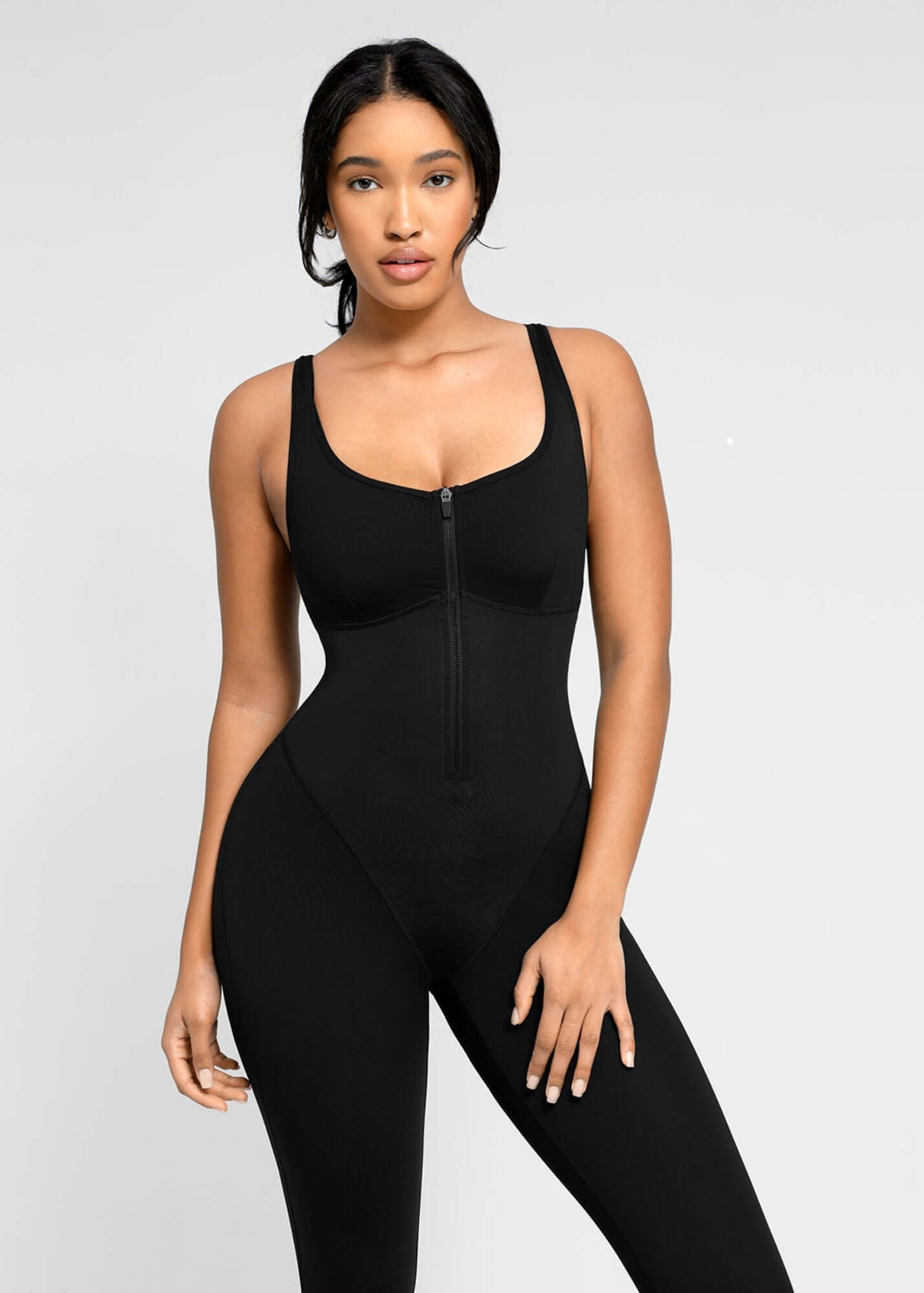 sauna workout jumpsuit for women, black slim-fit fitness bodysuit with zipper front and support