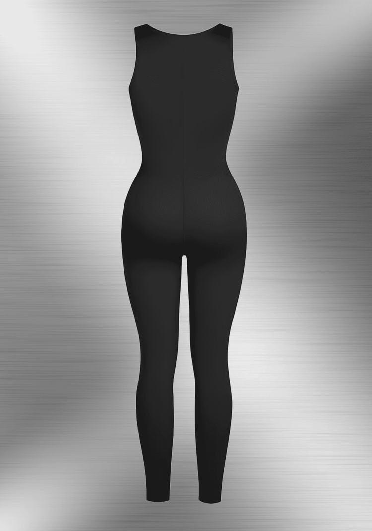 Black sauna workout jumpsuit with sleeveless design and full-length leggings for slimming sweat-boosting exercise