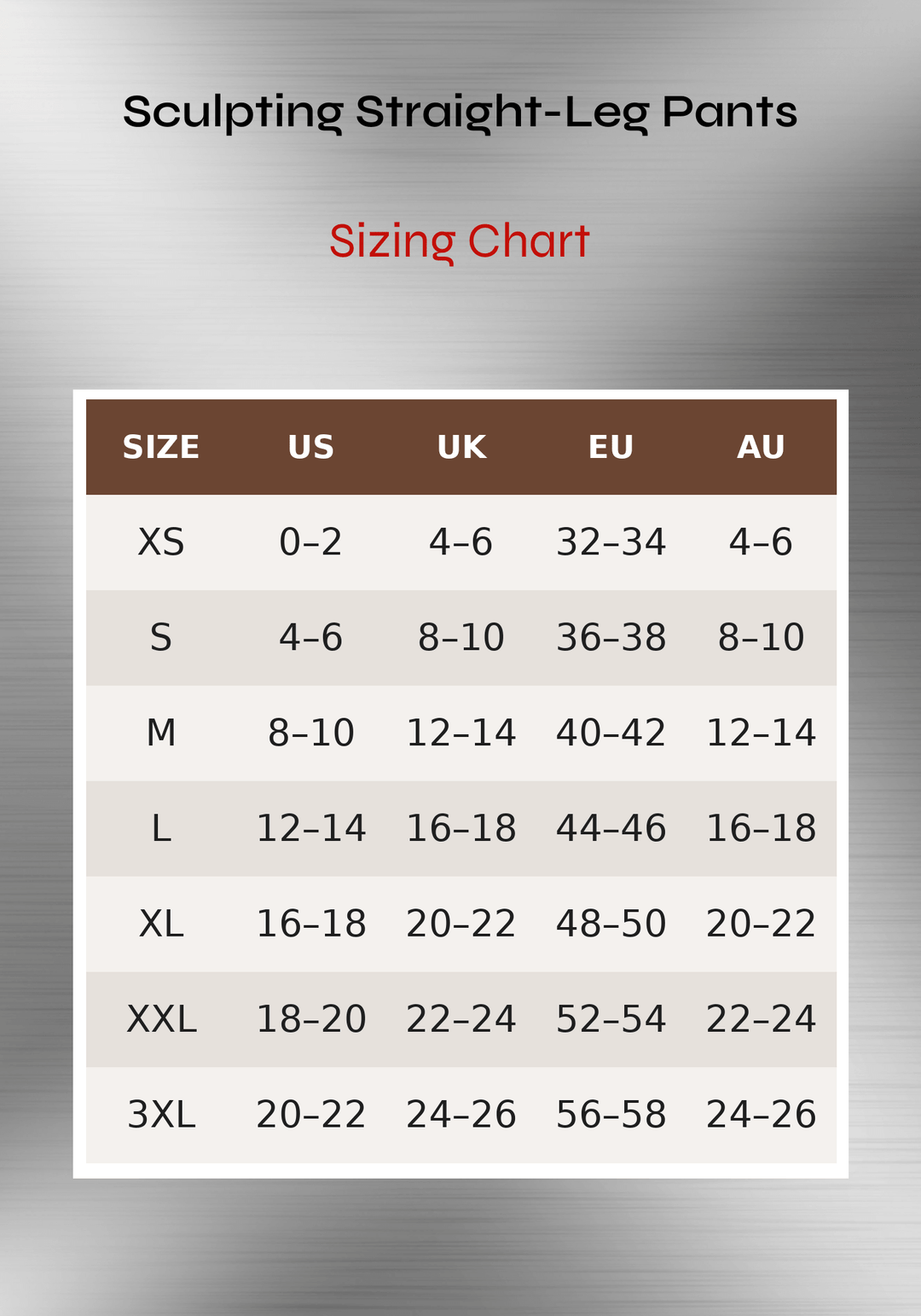 high-waisted straight leg pants sizing chart for Sculpting Straight-Leg Pants in XS to 3XL with US UK EU AU size guide