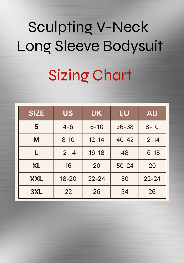 long sleeve v-neck bodysuit sizing chart with size conversions for US UK EU and AU