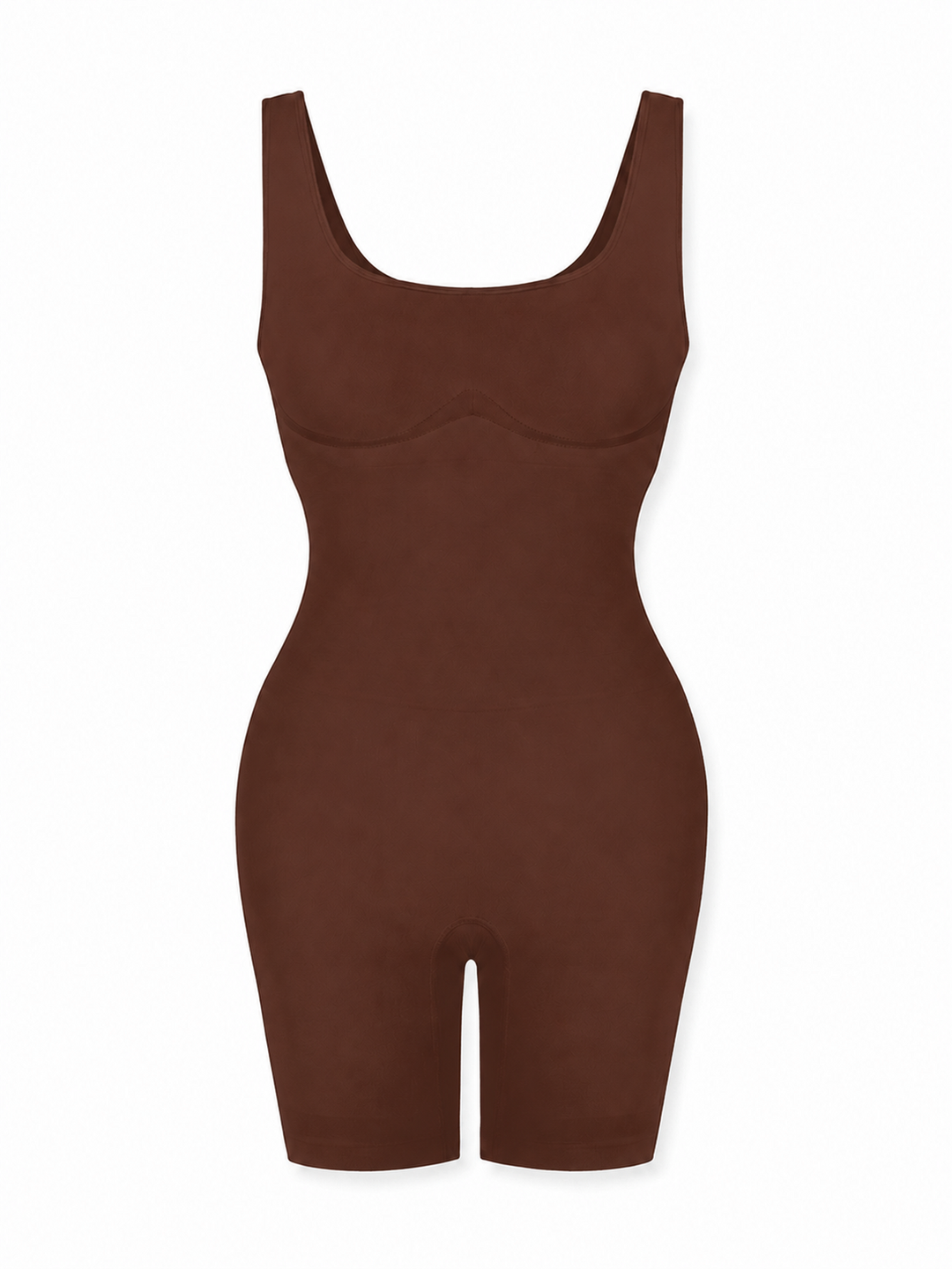 A brown shapewear bodysuit with a scoop neckline and built-in bra cups, shown on a plain white background.