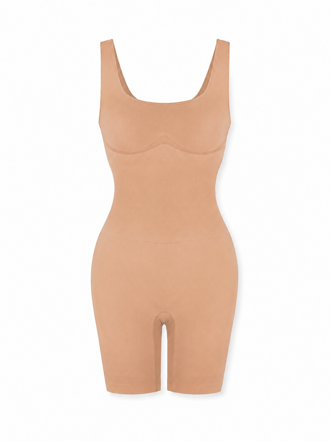 A beige shapewear bodysuit with a scoop neckline and short legs, shown on a plain white background.