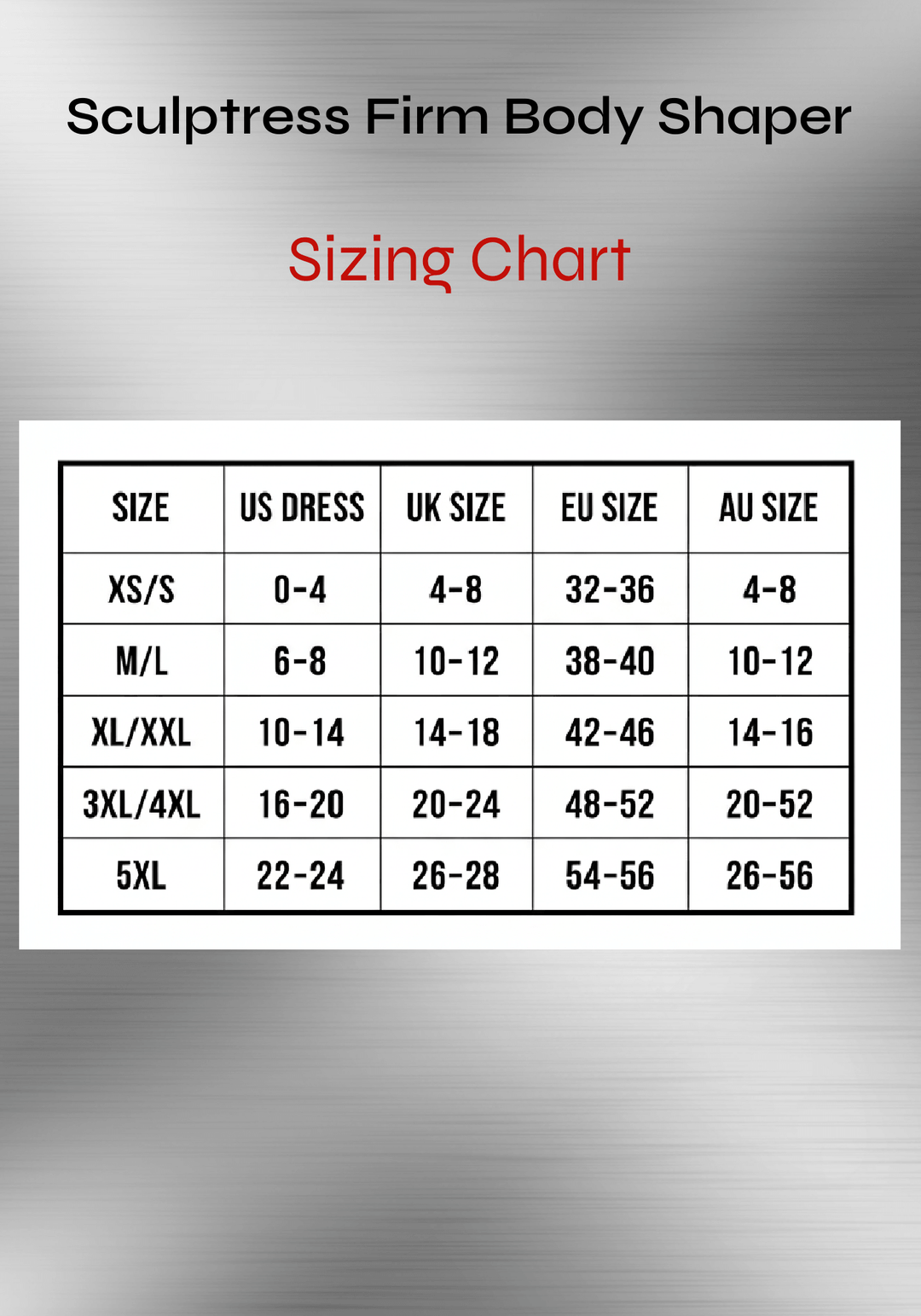firm body shaper sizing chart for Sculptress full-body compression with US, UK, EU, and AU size guide