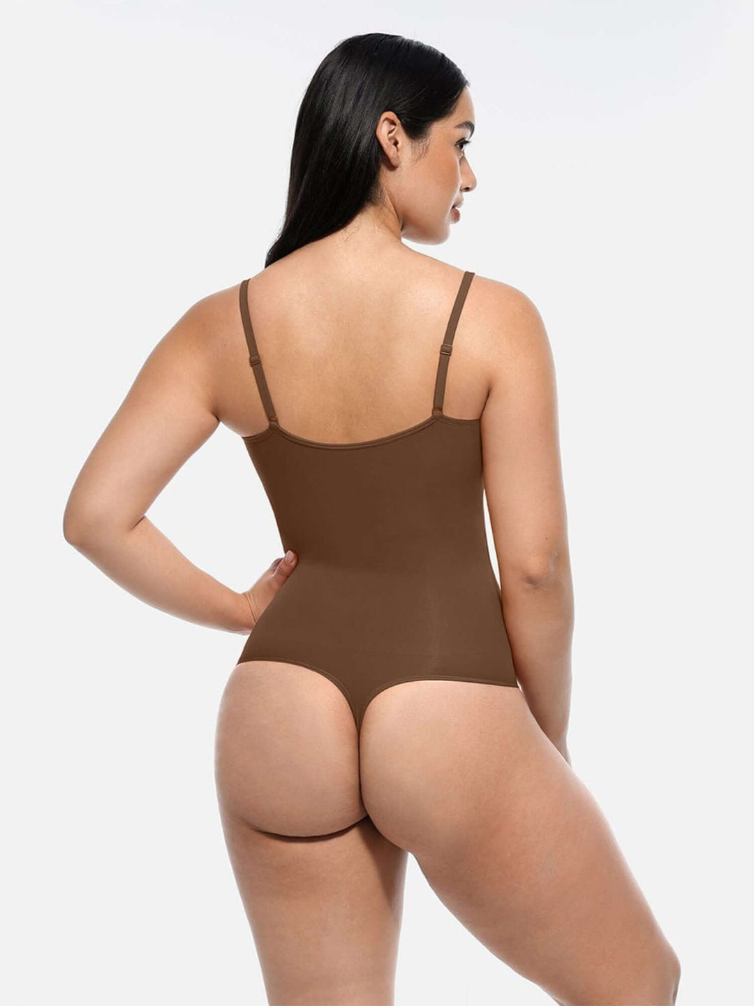 Seamless covered bust bodysuit in lightweight sculpting nylon, back view with snap crotch and light support