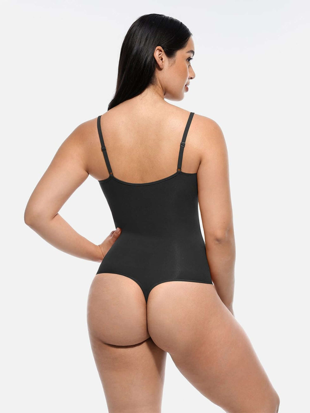 seamless covered bust bodysuit in black, rear view, lightweight sculpting shapewear with slim straps and snap crotch