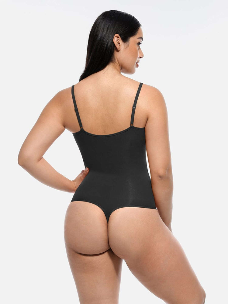 seamless covered bust bodysuit in black, rear view, lightweight sculpting shapewear with slim straps and snap crotch