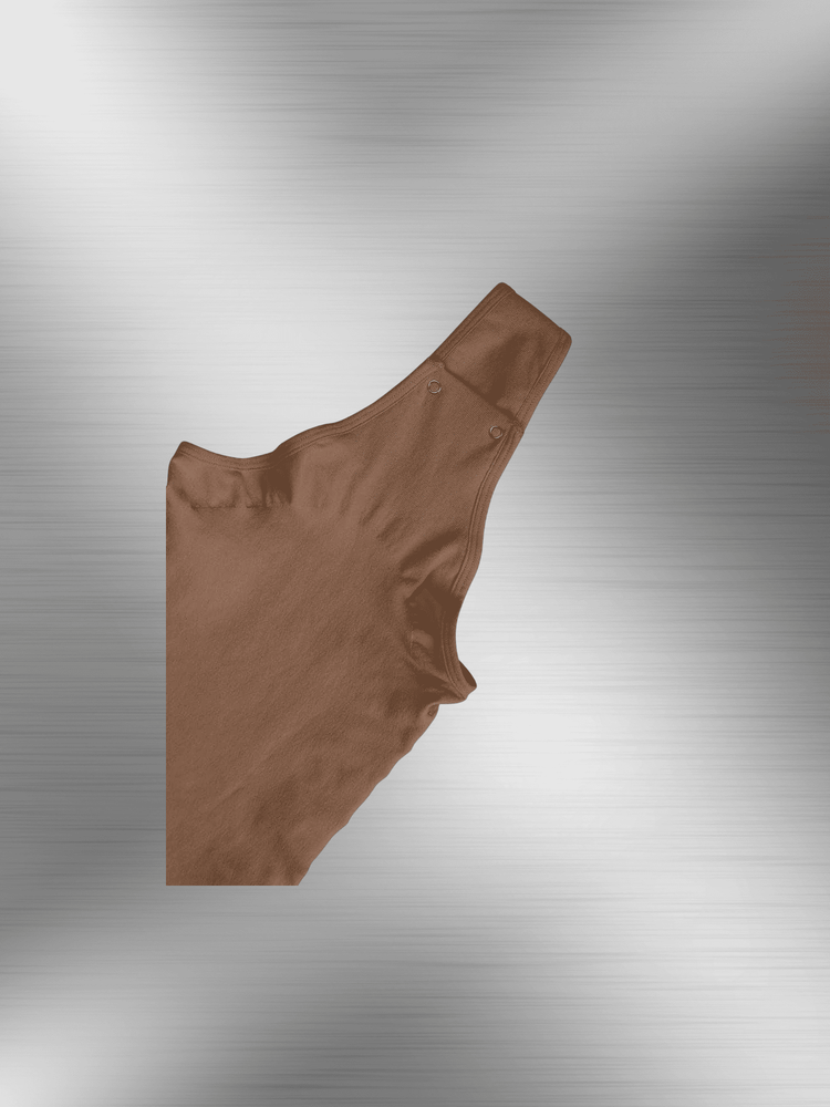 seamless covered bust bodysuit in light brown, sculpting NILIT nylon fabric with snap crotch closure