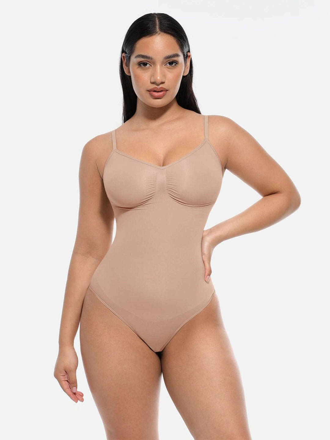 seamless covered bust bodysuit in lightweight nude sculpting fabric with light support and snap crotch closure