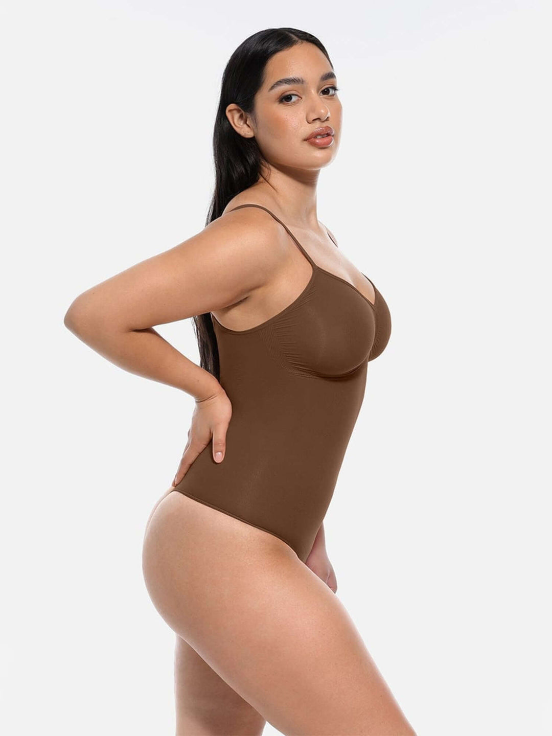 seamless covered bust bodysuit in lightweight sculpting nylon with light control, underbust support and snap crotch