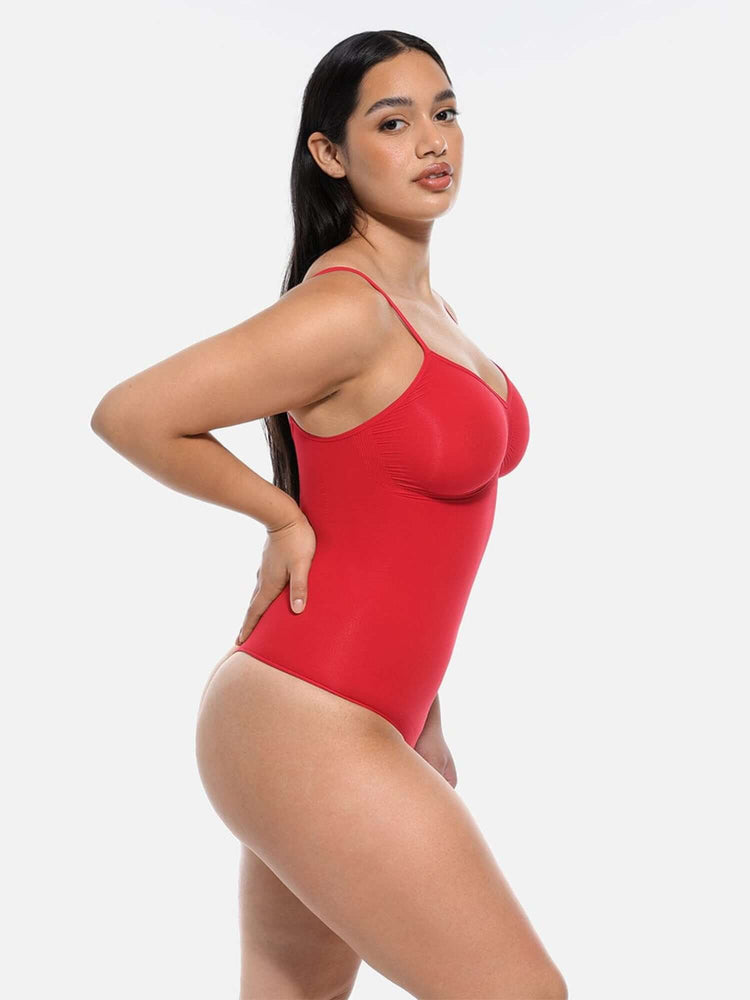 seamless covered bust bodysuit in red, lightweight sculpting shapewear with underbust support and snap crotch closure