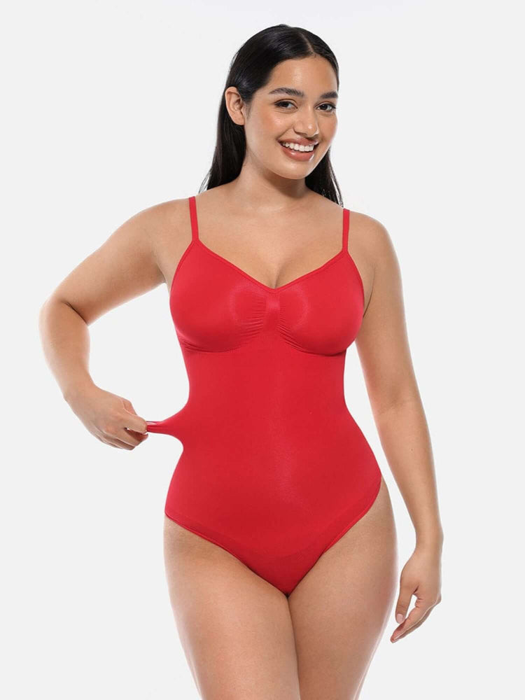 seamless covered bust bodysuit in red with lightweight shaping fit and snap crotch closure, shown on model