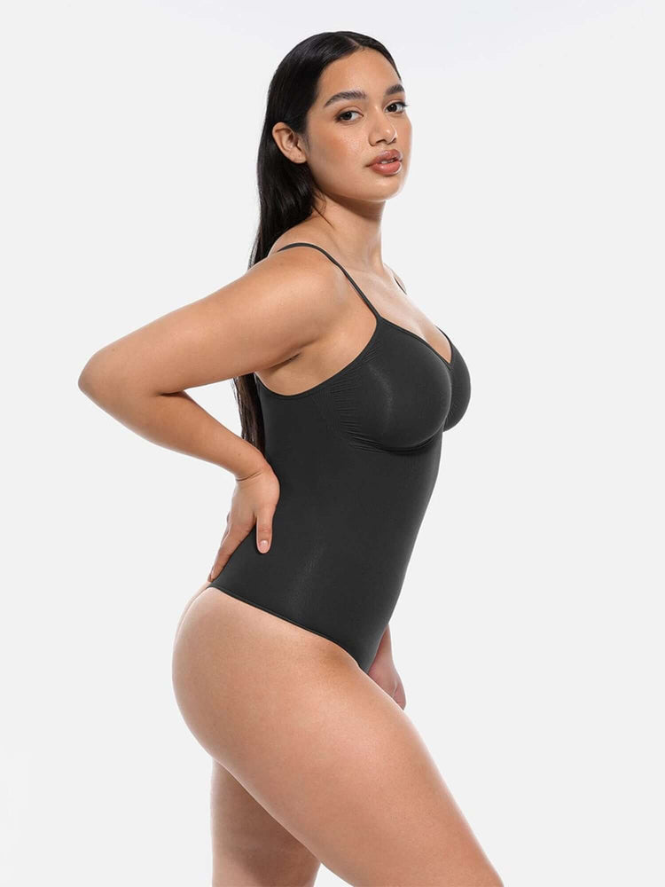 seamless covered bust bodysuit in black with lightweight sculpting fit and snap crotch closure for comfortable everyday shaping