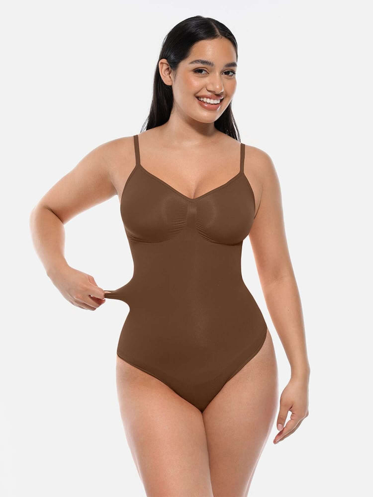 Seamless covered bust bodysuit in lightweight brown NILIT nylon with light shaping and snap crotch closure