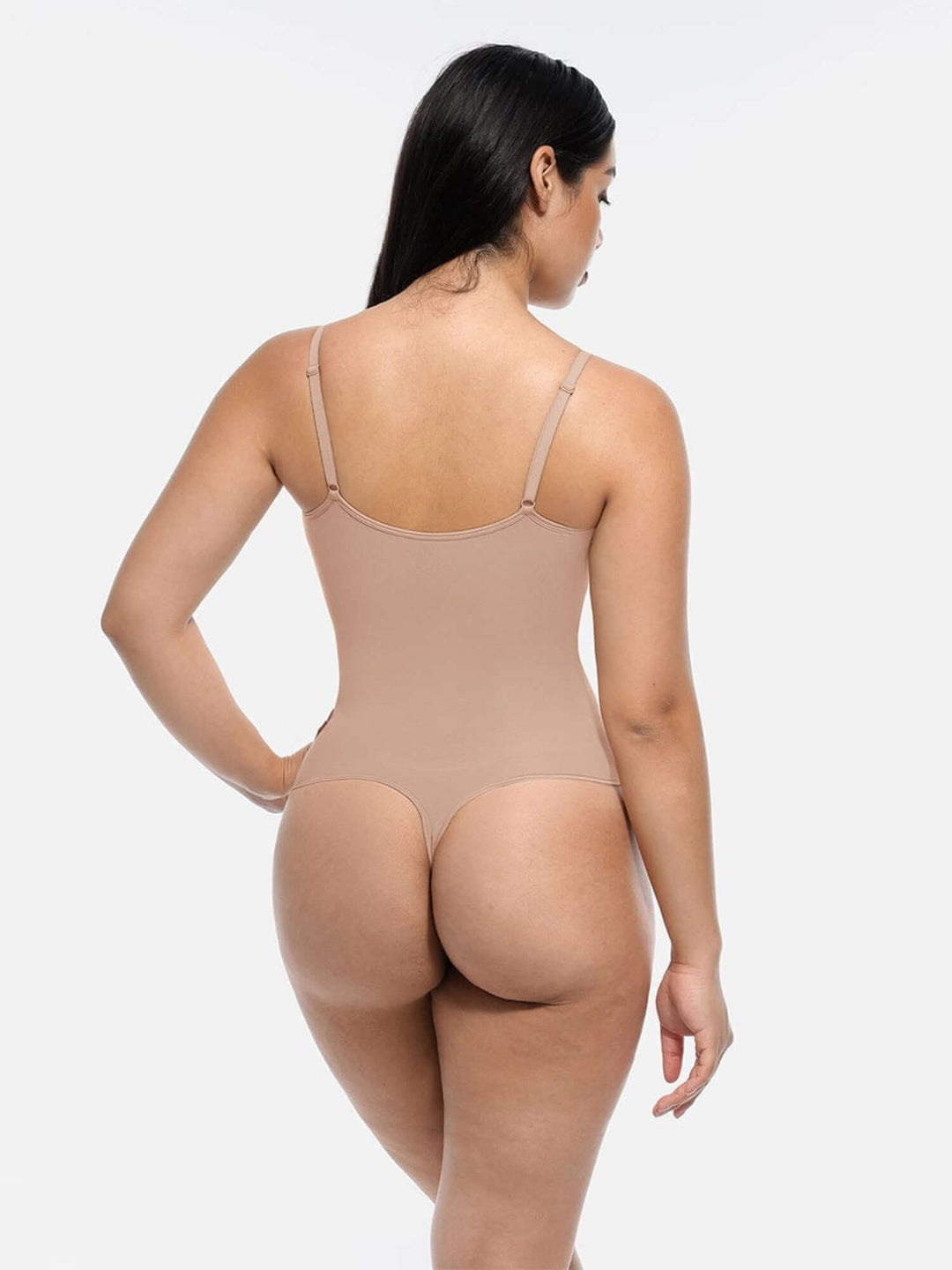 Seamless covered bust bodysuit back view in lightweight nude shapewear with snap crotch closure and sculpting fit