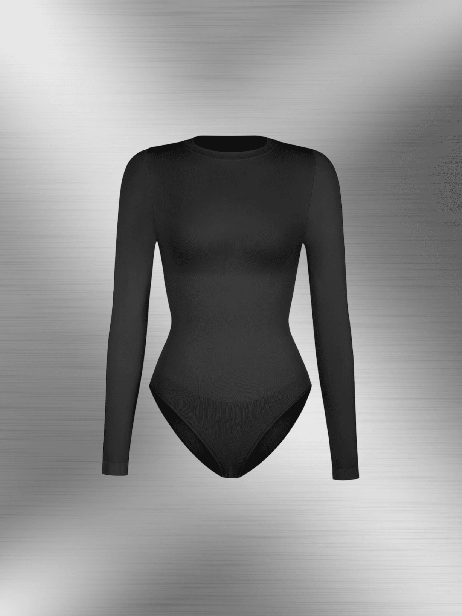 Black seamless long sleeve bodysuit with crew neck and tummy control, sleek fitted silhouette for shaping comfort