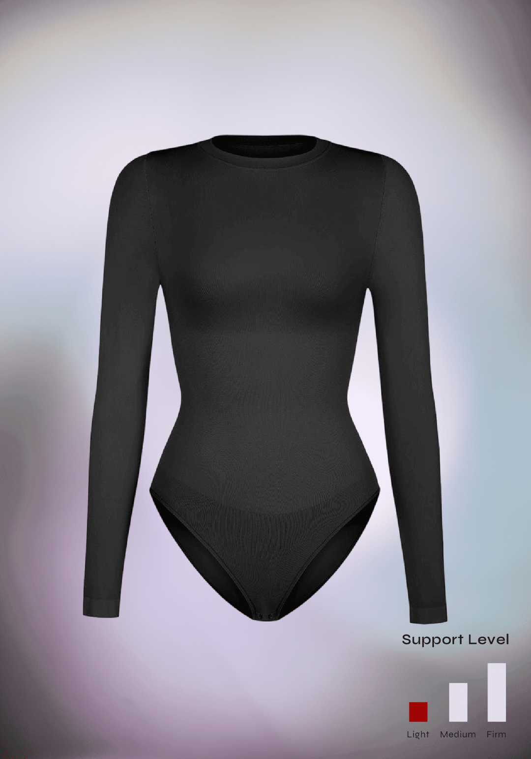 Black seamless long sleeve bodysuit with crew neck and tummy control, supportive shaping fit