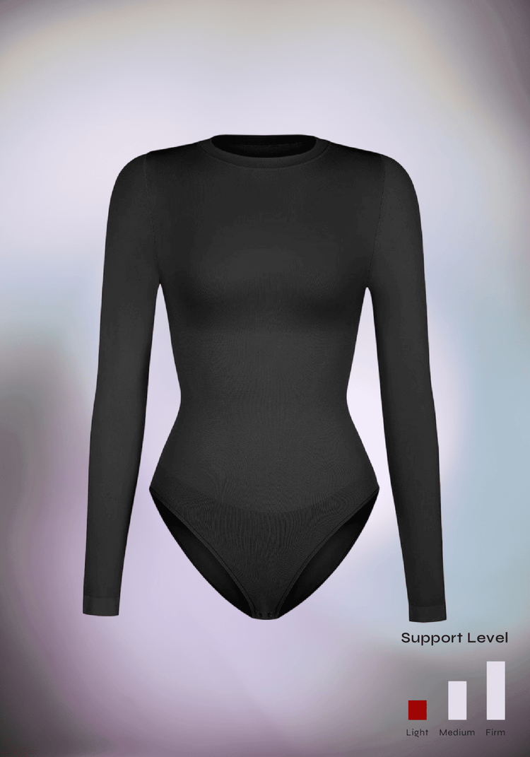 Black seamless long sleeve bodysuit with crew neck and tummy control, supportive shaping fit
