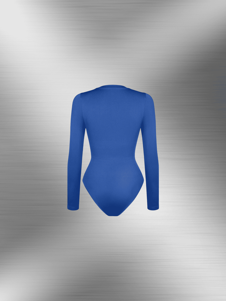 seamless long sleeve bodysuit in blue, slim fit with tummy control and crew neck for a smooth streamlined look