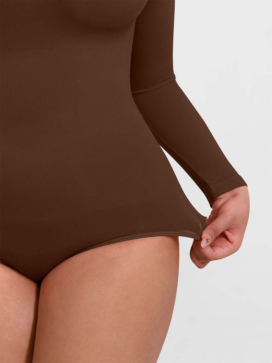 Brown seamless long sleeve bodysuit with tummy control and stretchy fit for smooth shaping and comfort