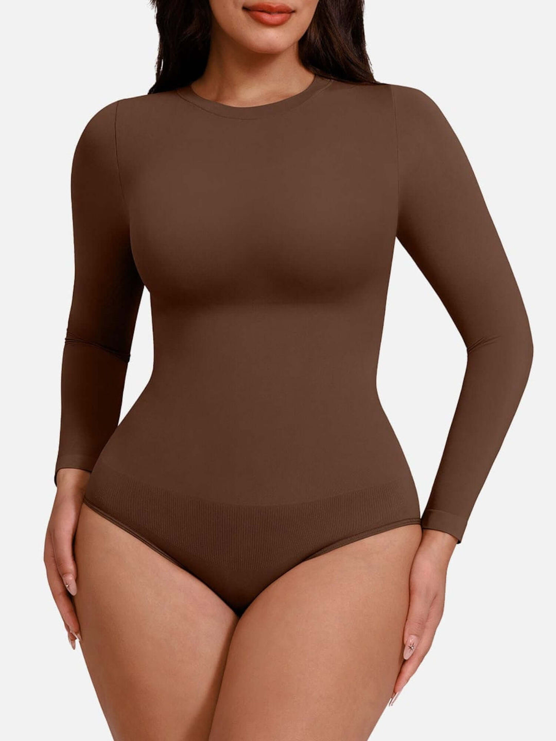 seamless long sleeve bodysuit with crew neck and tummy control in brown for smooth shaping and all-day comfort