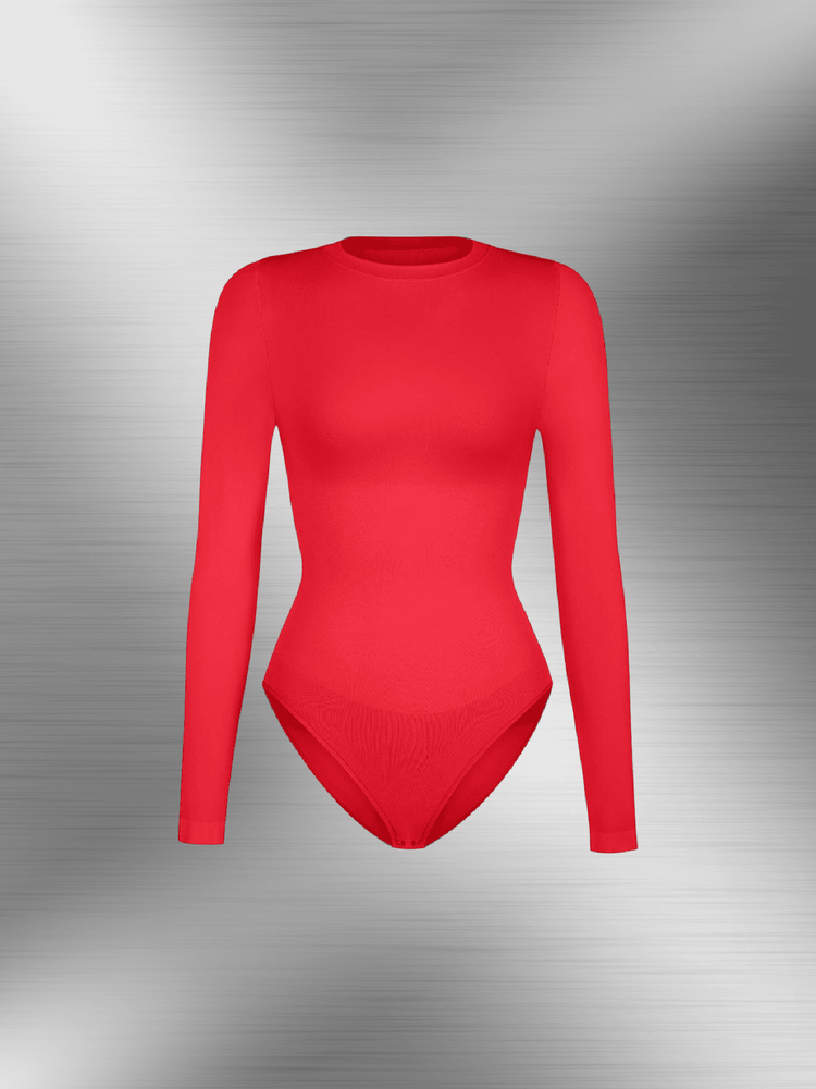 seamless long sleeve bodysuit in red with crew neck and tummy control for a smooth sculpted fit