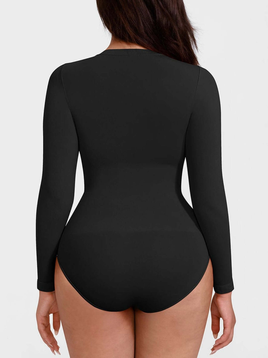 Black seamless long sleeve bodysuit with crew neck and tummy control, back view, BodySculpt Seamless Long Sleeve
