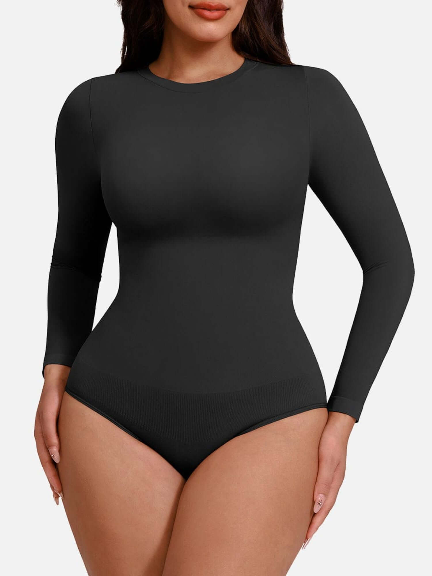 Black seamless long sleeve bodysuit with crew neck and tummy control, flattering fitted silhouette for women