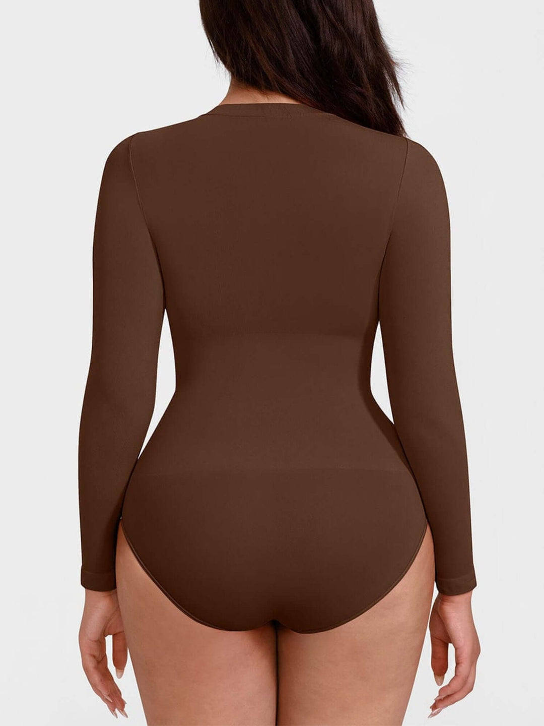 seamless long sleeve bodysuit with crew neck and tummy control, back view in brown