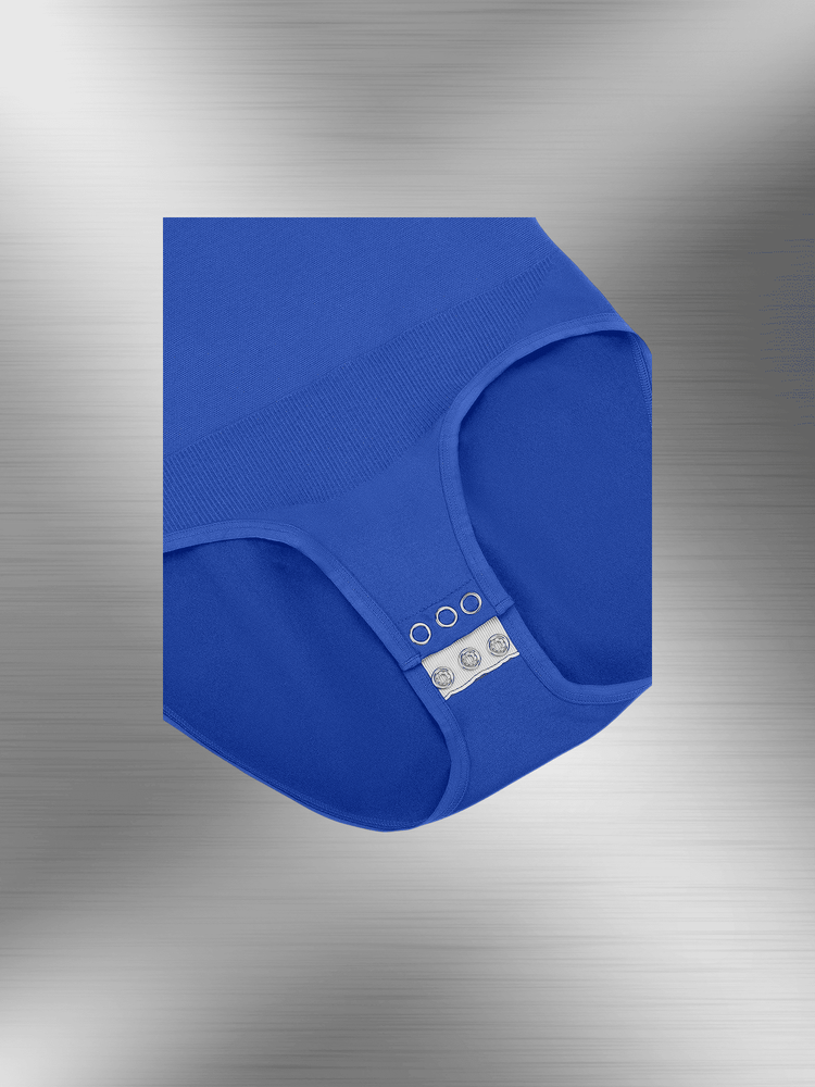 seamless long sleeve bodysuit in blue with snap closure, BodySculpt tummy control shapewear for a smooth fit