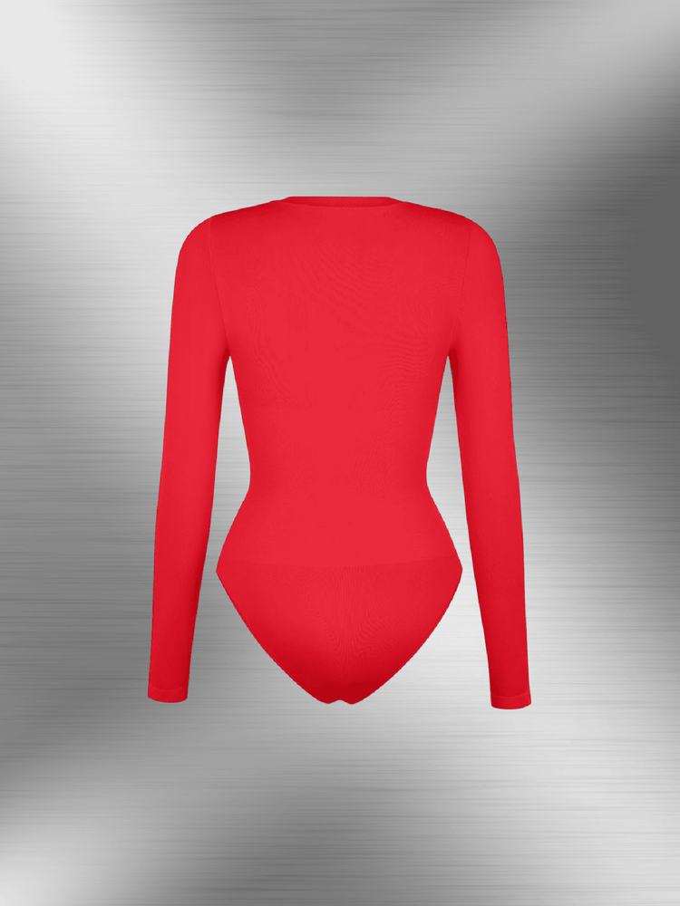seamless long sleeve bodysuit in red, slim-fit BodySculpt shapewear with smooth crew neck and tummy control