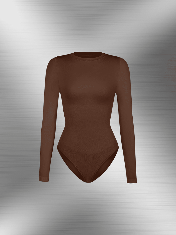seamless long sleeve bodysuit in brown, crew neck slimming one-piece with long sleeves and tummy control