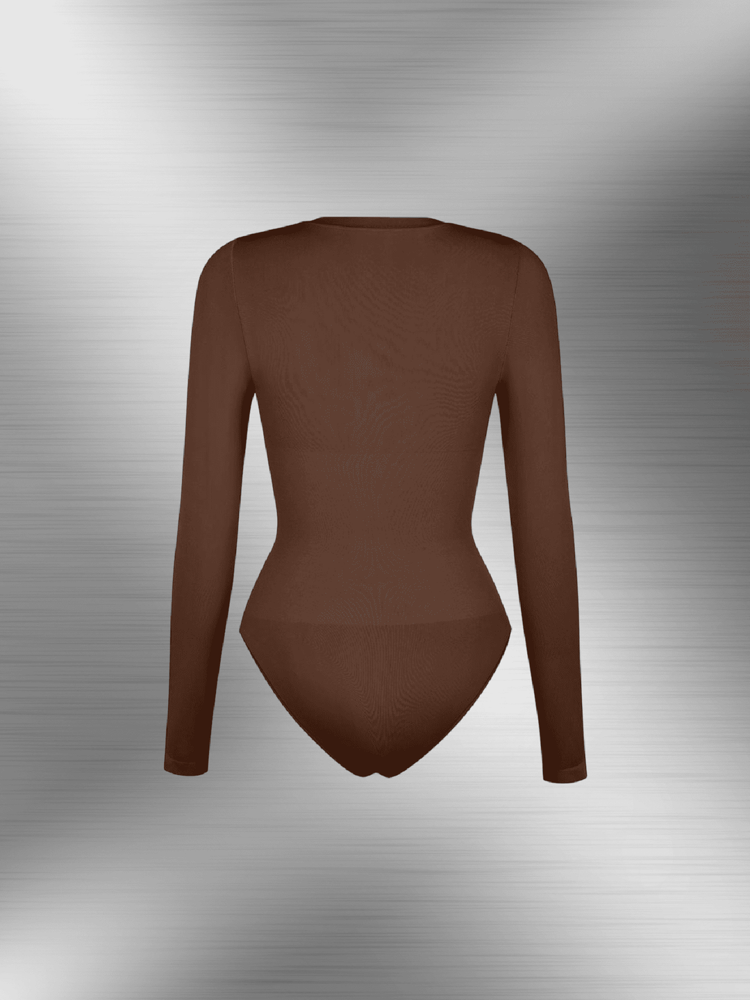Brown seamless long sleeve bodysuit with crew neck and tummy control, back view for flattering fit