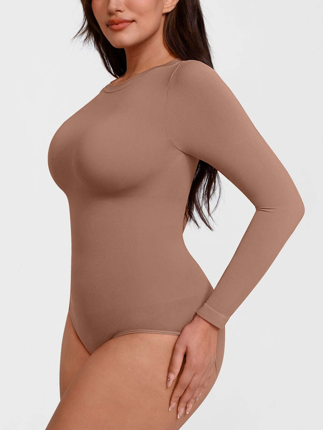 seamless long sleeve bodysuit in taupe with crew neck and tummy control for a smooth sculpted fit