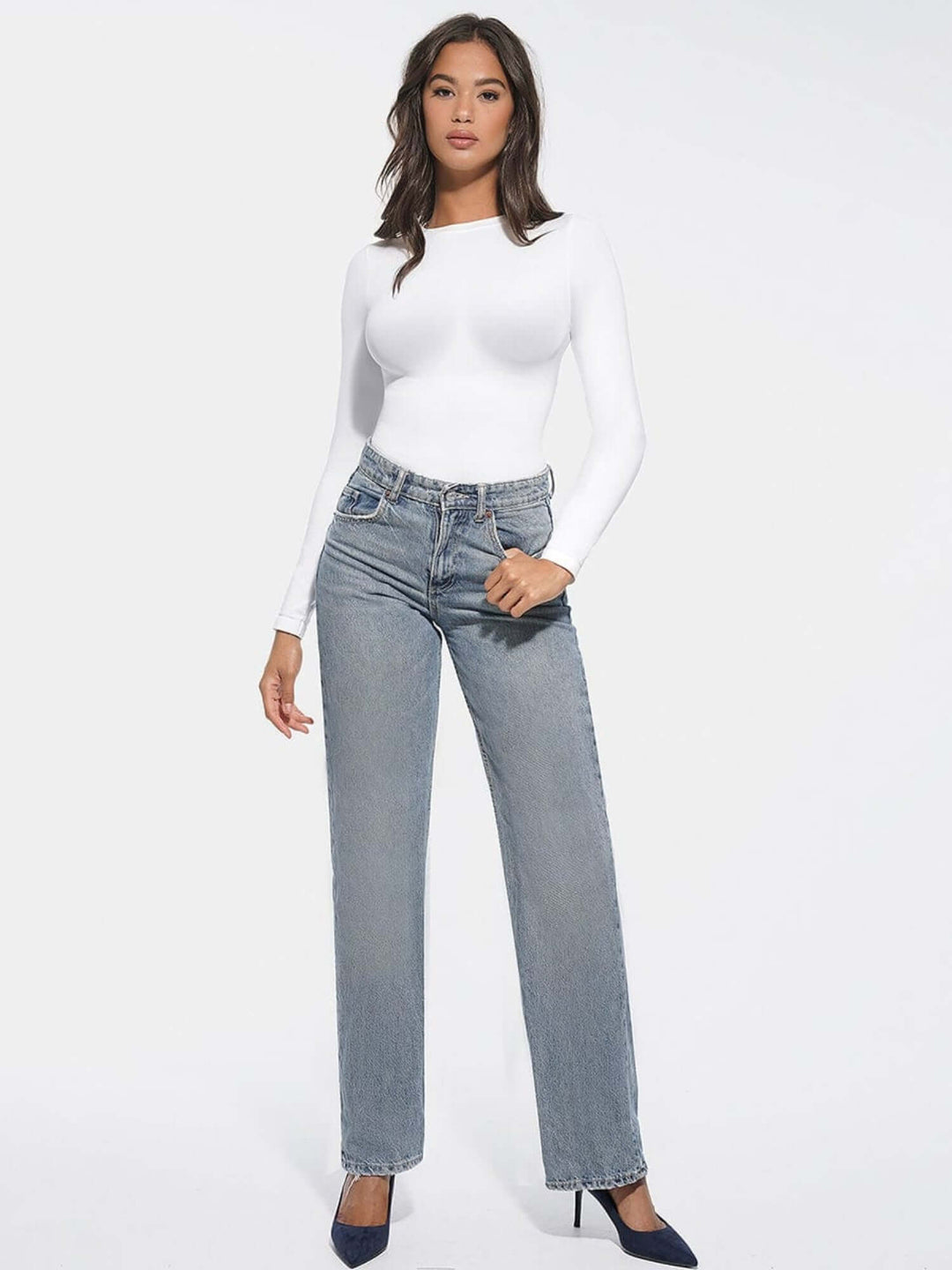 seamless long sleeve bodysuit by BodySculpt, white fitted shapewear top with crew neck and long sleeves for a smooth silhouette