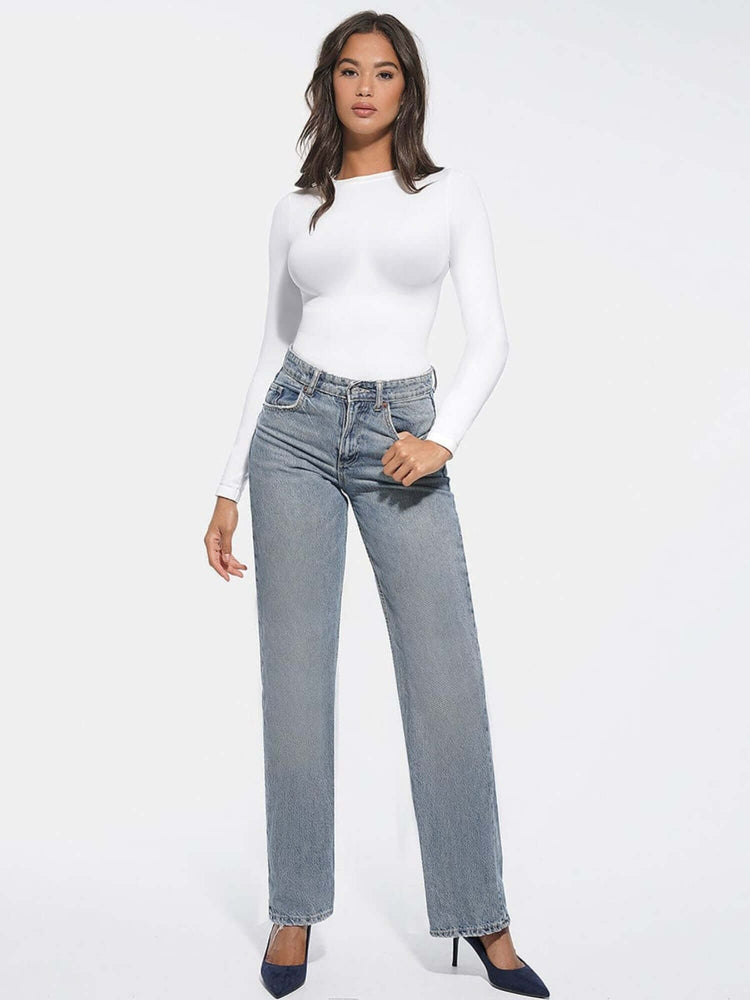 seamless long sleeve bodysuit by BodySculpt, white fitted shapewear top with crew neck and long sleeves for a smooth silhouette