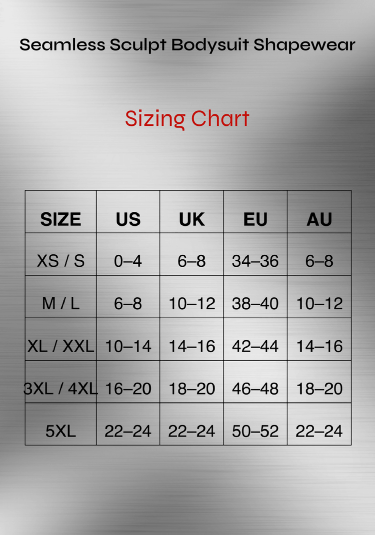 Seamless sculpt bodysuit shapewear sizing chart with US, UK, EU, and AU size guide for XS to 5XL