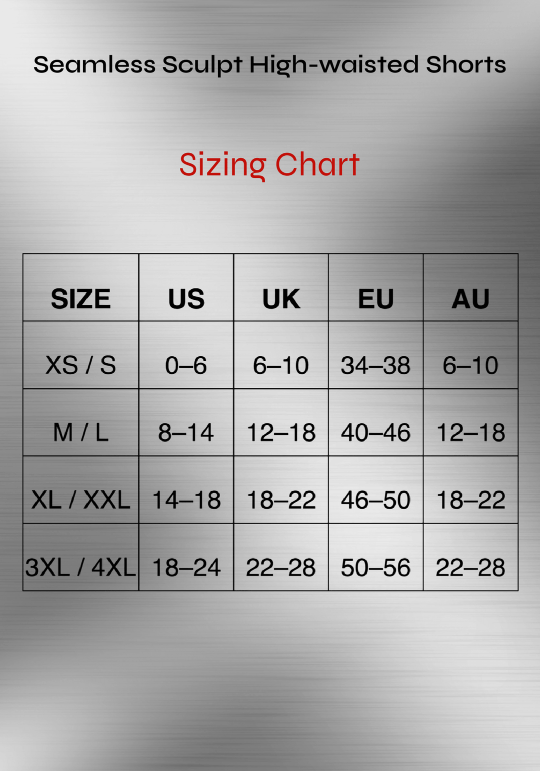 Seamless Sculpt high waisted shapewear shorts sizing chart with US, UK, EU, and AU size guide