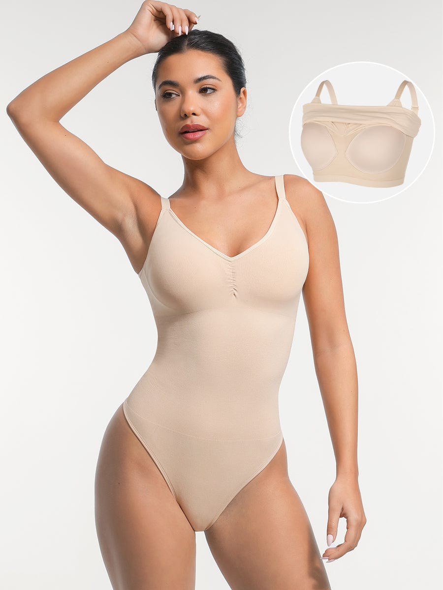 Woman wearing a beige bodysuit with an inset showing the product.