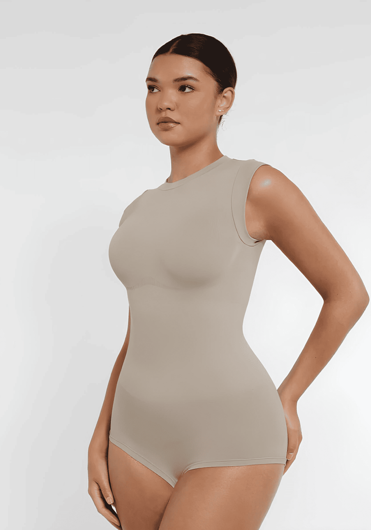Seamless shaping bodysuit with high neck, cap sleeves, and sculpting fit for waist and abdomen support