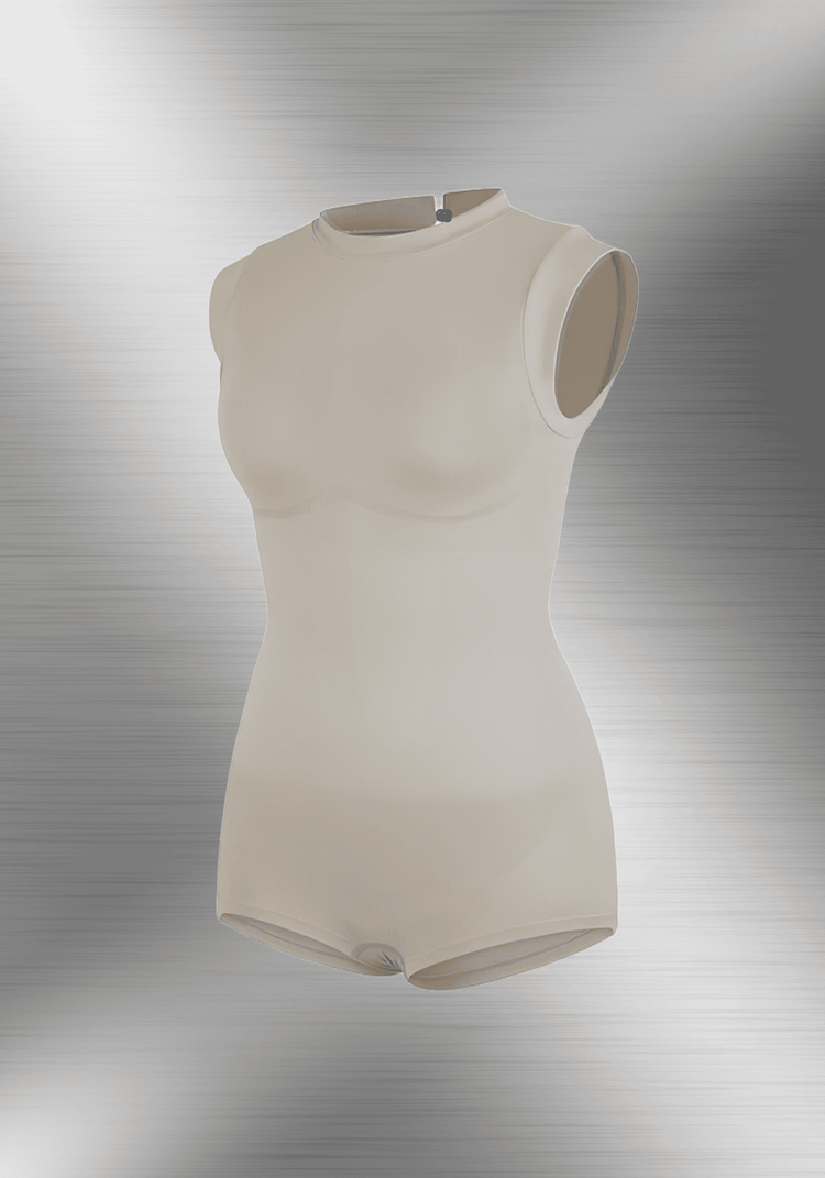 Beige seamless shaping bodysuit with high neck, cap sleeves, and sculpting fit for waist and abdomen support