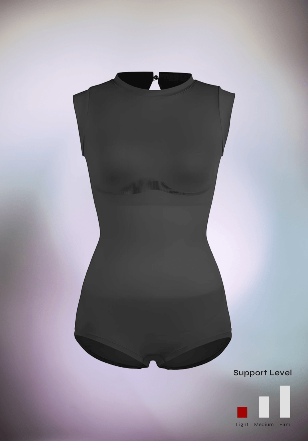 Black seamless shaping bodysuit with high neck, cap sleeves, and sculpting support for a sleek silhouette
