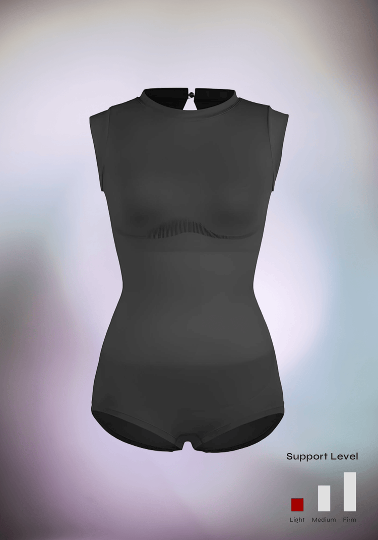 Black seamless shaping bodysuit with high neck, cap sleeves, and sculpting support for a sleek silhouette