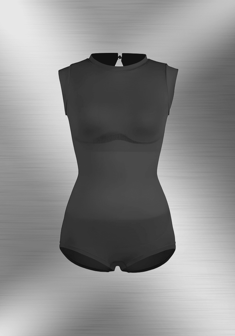 Seamless shaping bodysuit with high neck, cap sleeves, and sculpting waist control in sleek black
