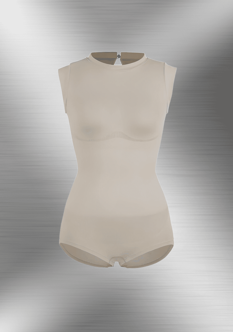 Seamless shaping bodysuit with high neck, cap sleeves, and waist-sculpting fit for a sleek silhouette