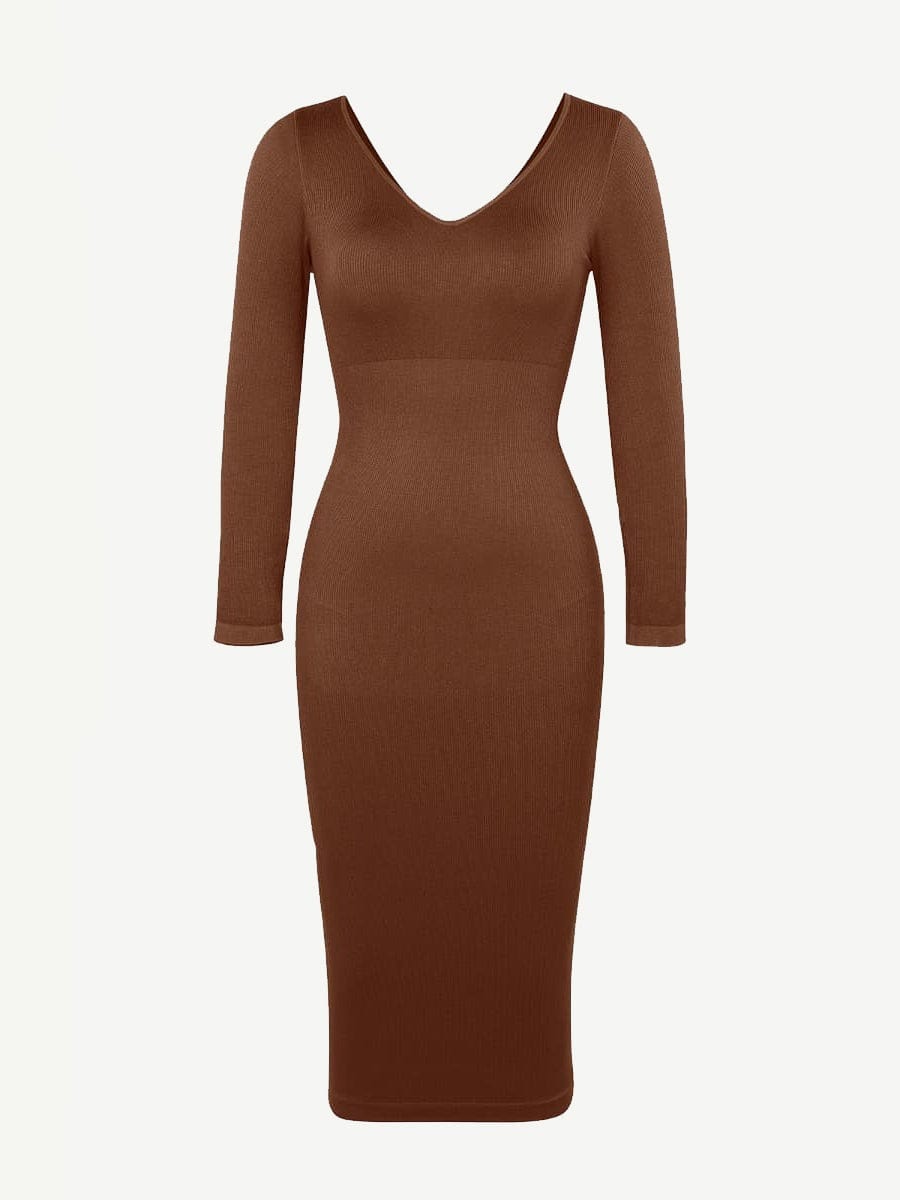 V-Neck Long Sleeve Body Shaper Dress