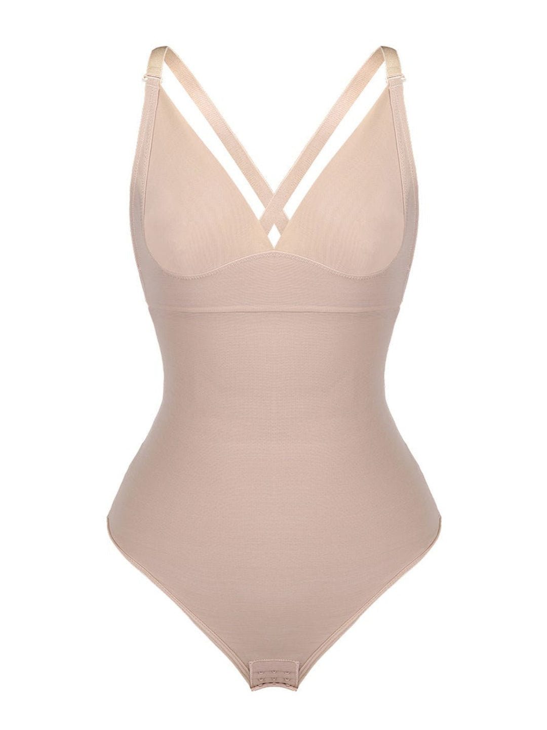 Beige bodysuit with a plunging neckline on a white background